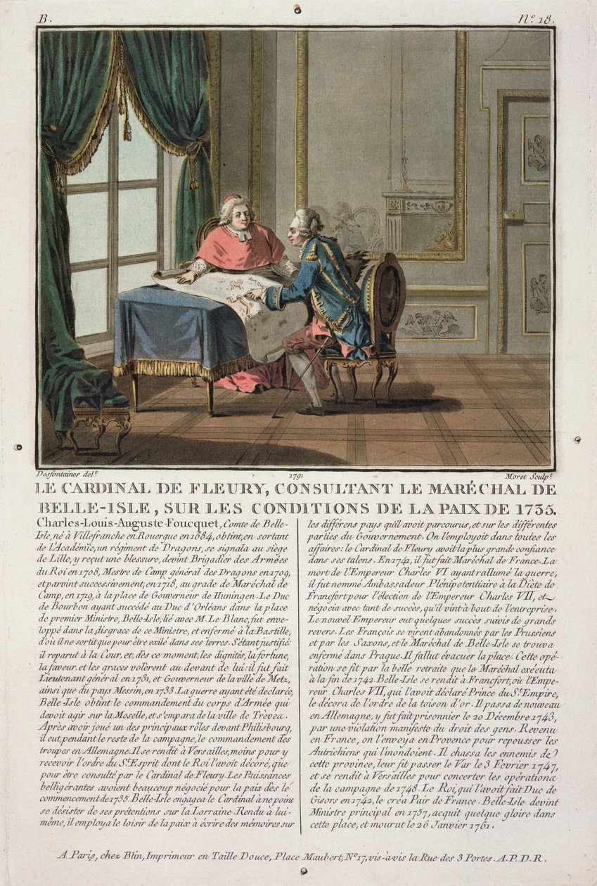 Kardinal de Fleury (1653-1743) rådfører seg med Marechal de Belle-Isle (1684-1761) om betingelsene for freden, 1735, gravert av Jean Baptiste Morret (fl.1790-1820), 1791 av Jacques Francois Joseph Swebach