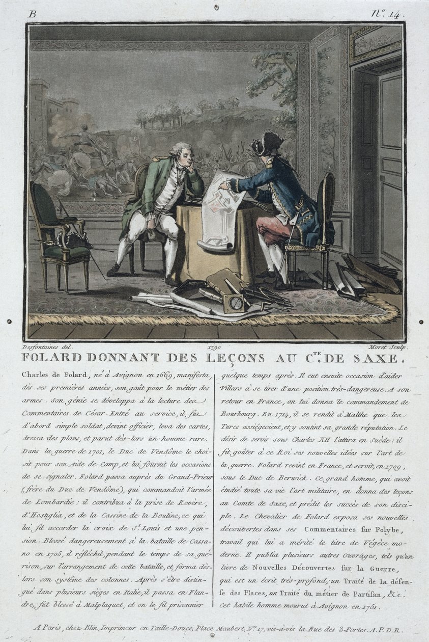 Charles, Chevalier de Folard (1699-1751) instruerer greven av Sachsen (1696-1750), gravert av Jean Baptiste Morret (fl.1790-1820), 1790 av Jacques Francois Joseph Swebach