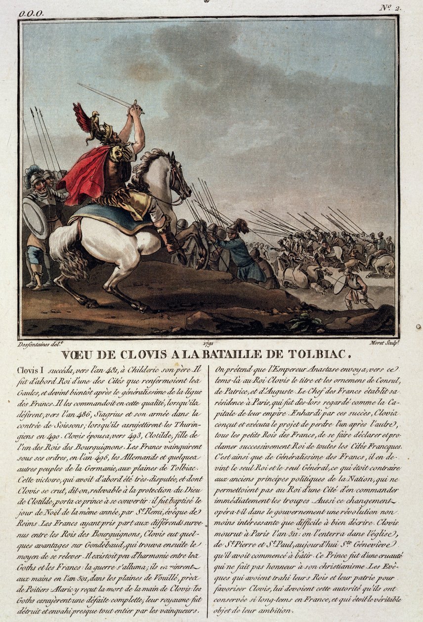Clovis I (ca. 466-511) i slaget ved Tolbiac, 496 AD, gravert av Jean Baptiste Morret (fl. 1790-1820), 1791 av Jacques Francois Joseph Swebach