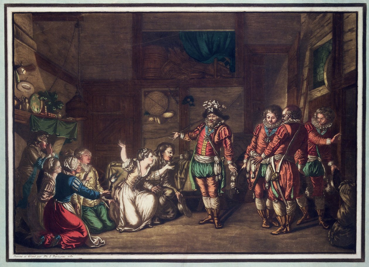 Armand de Gontaults død, Baron de Biron (1524-92), gravert av Jean Baptiste Morret (fl.1790-1820), 1792 (farget lito) av Jacques Francois Joseph Swebach