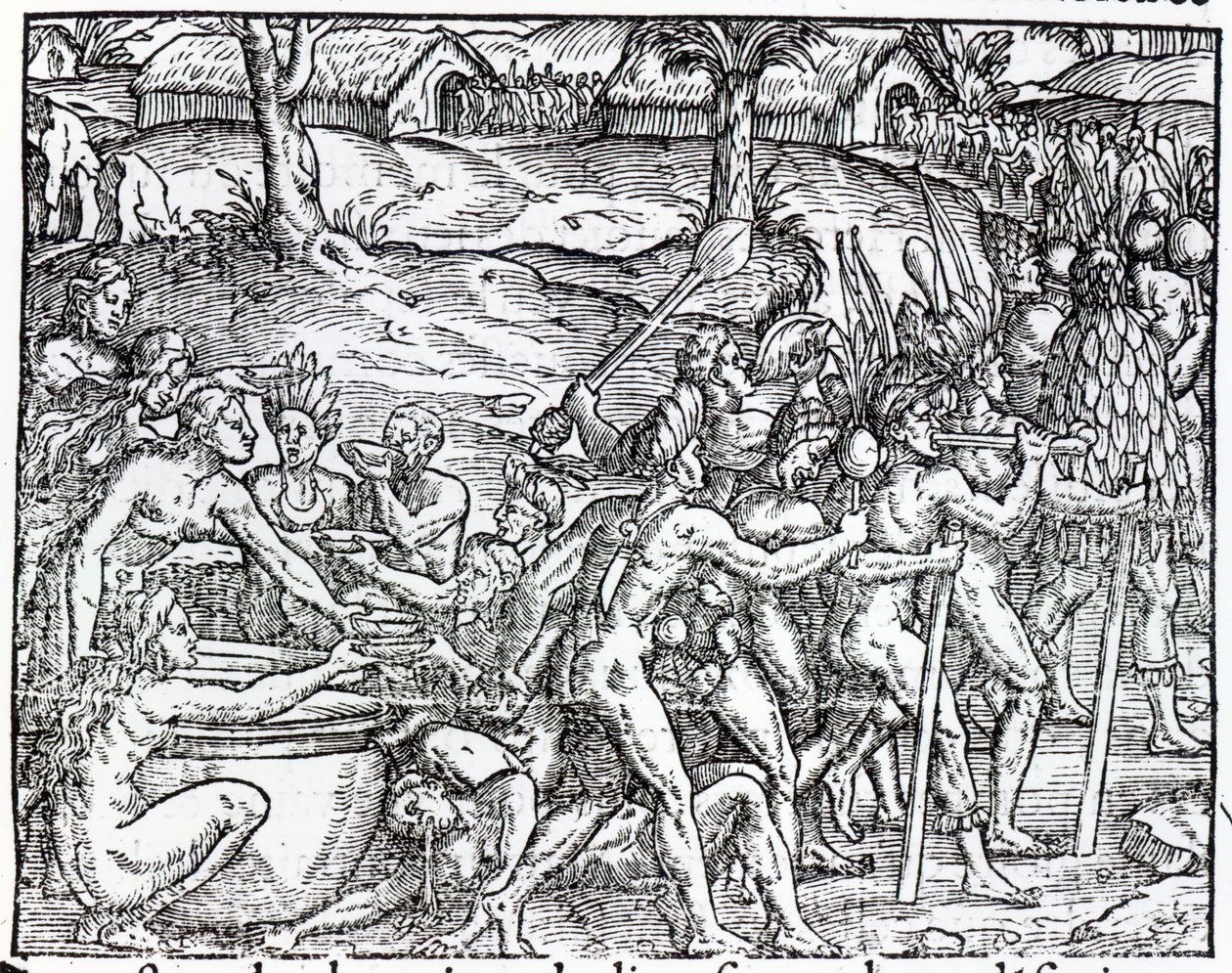 Prosesjon av innfødte som drikker og røyker, gravert av Theodor de Bry (1525-75) av Jacques Le Moyne