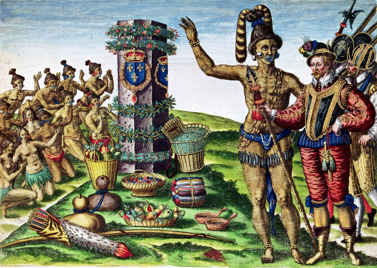 Rene Goulaine de Laudonniere (ca. 1529-82) og sjef Athore foran Ribaults søyle, fra 
