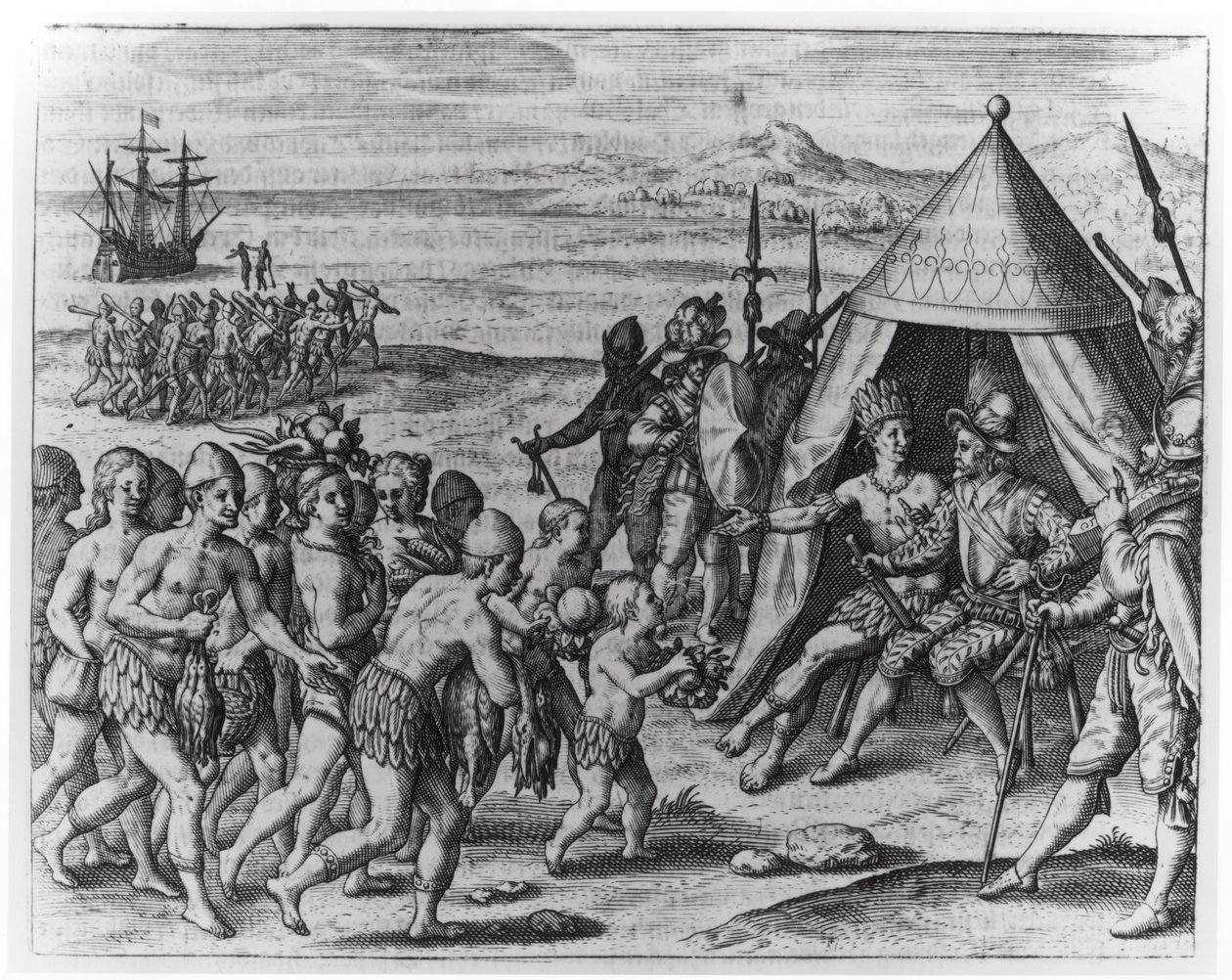 Sir Walter Raleigh (1554-1618) prøver å etablere vennskap med kong Arromaia av Guyana, fra 