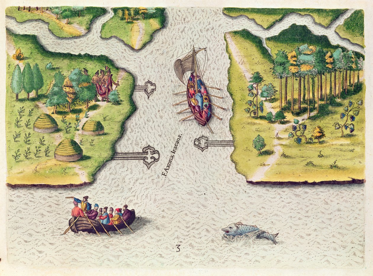 Franskmennene oppdager to andre elver, fra 'Brevis Narratio..', gravert av Theodore de Bry (1528-98) utgitt i Frankfurt, 1591 av Jacques Le Moyne