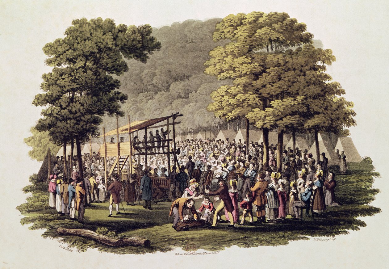 Metodistenes leirmøte i Nord-Amerika, gravert av Matthew Dubourg (fl.1813-20) 1819 av Jacques Milbert