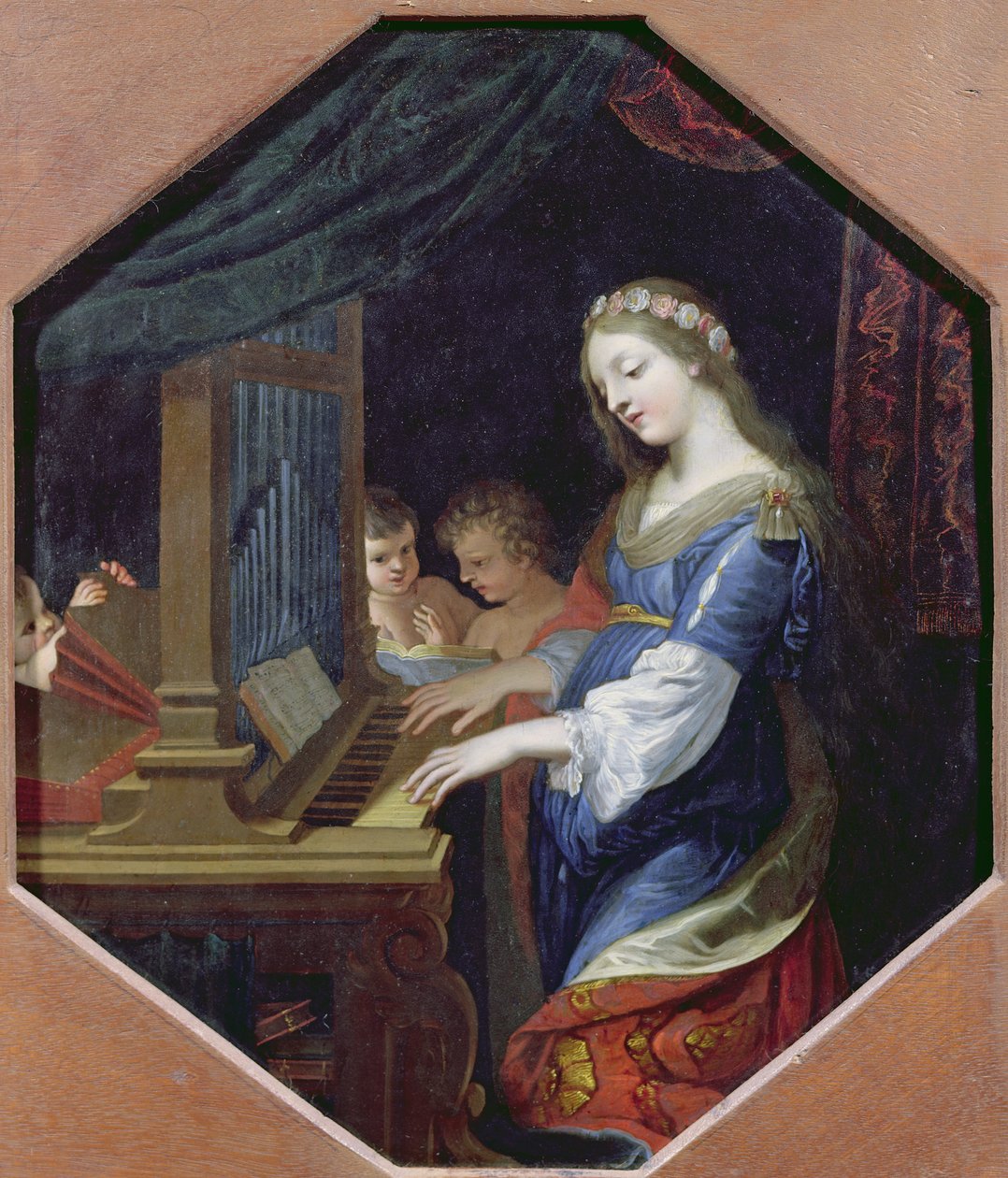 St. Cecilia spiller orgel (olje på kobber) av Jacques Stella