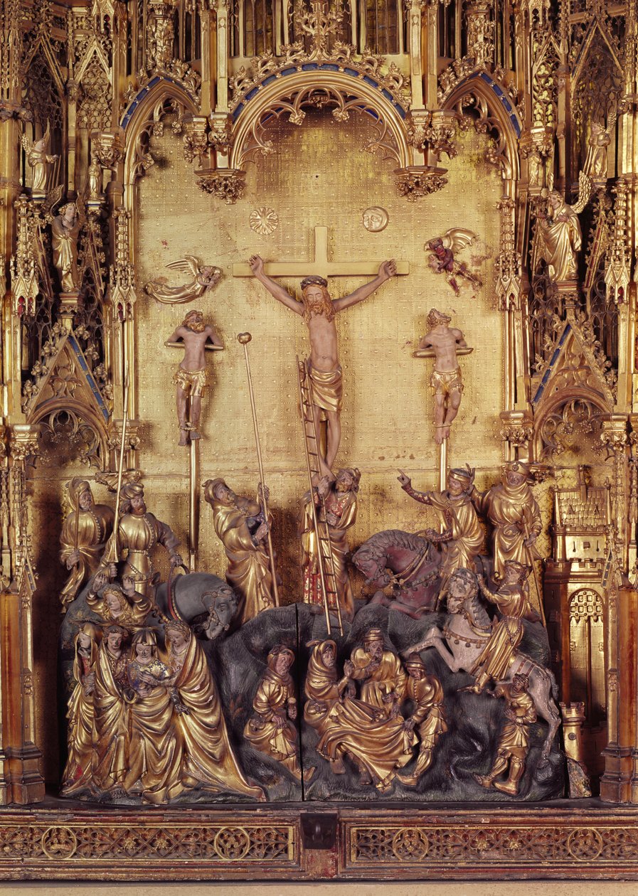 Altertavle av korsfestelsen, detalj av sentralpanelet, fra Church of Chartreuse de Champmol, ca. 1391 forgylt tre av Jacques de Baerze or Baers