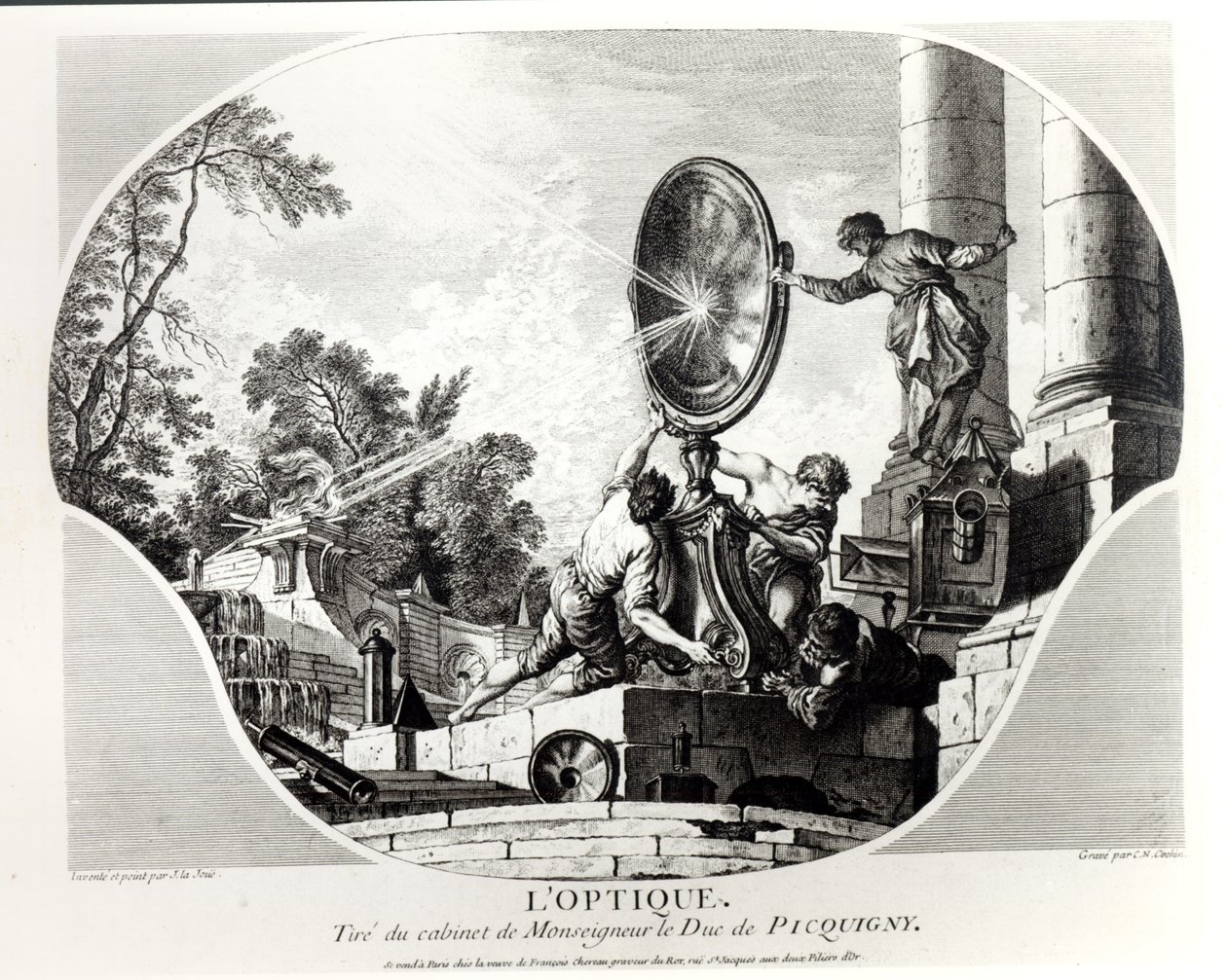 Brennende speil, allegori om optikk, gravert av Charles Nicolas Cochin (1715-90) av Jacques de Lajoüe
