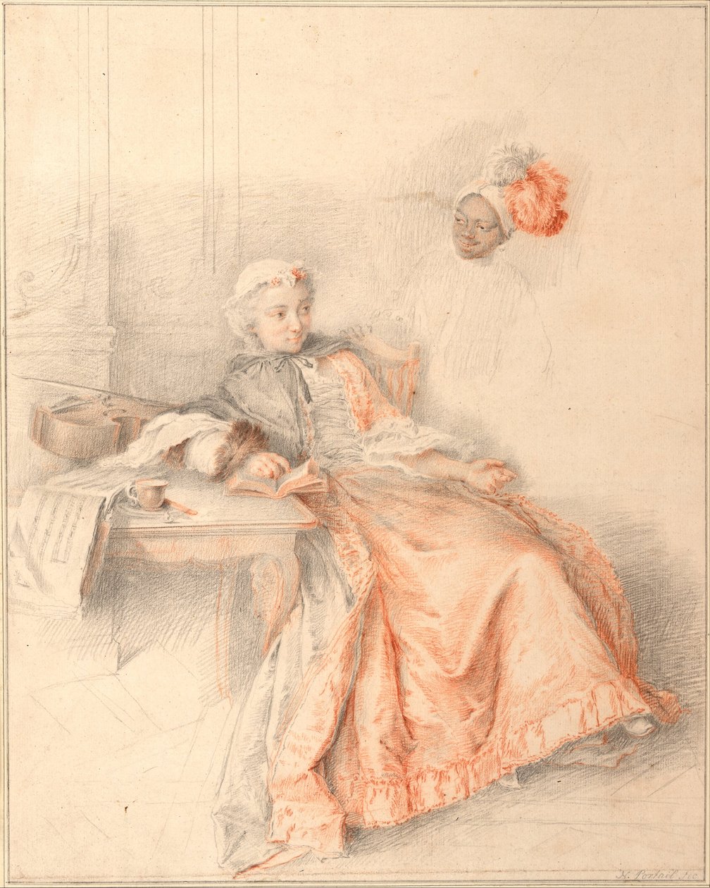 Ung dame som leser og en side av Jacques André Portail