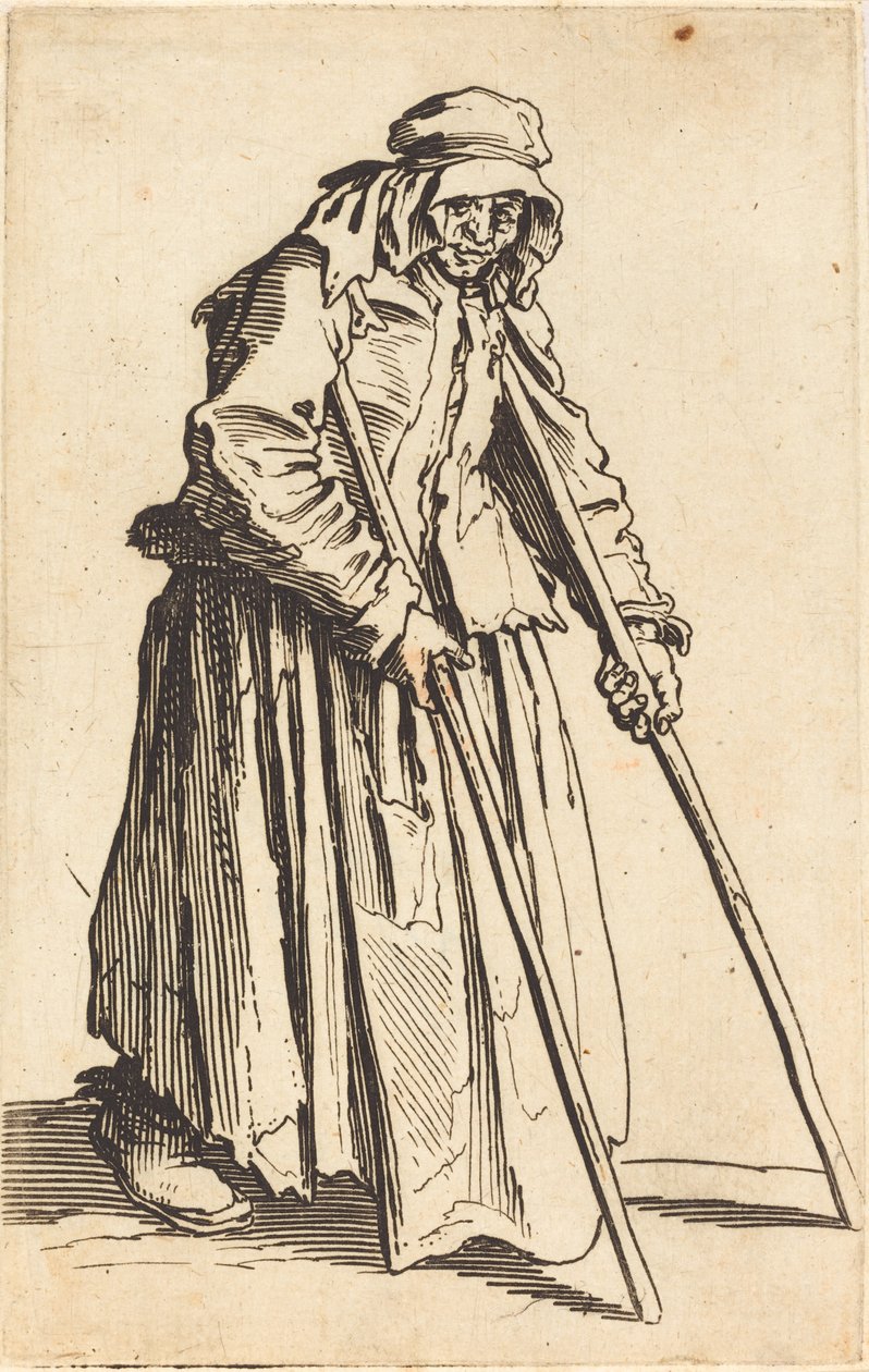 Tiggerkvinne med krykker, ca. 1622. av Jacques Callot