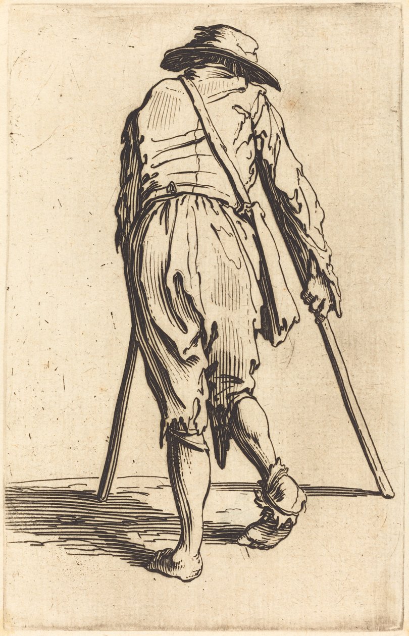 Tigger med krykker og hatt, sett bakfra av Jacques Callot