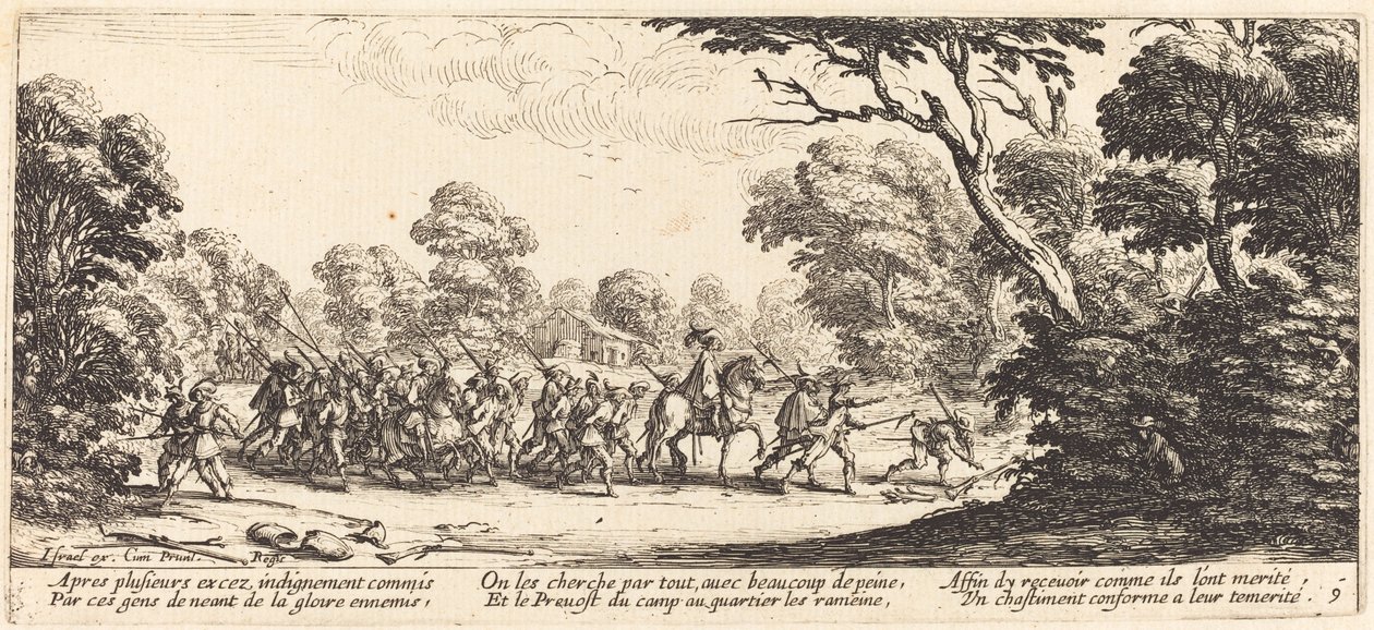 Oppdagelsen av de kriminelle soldatene, ca. 1633. av Jacques Callot