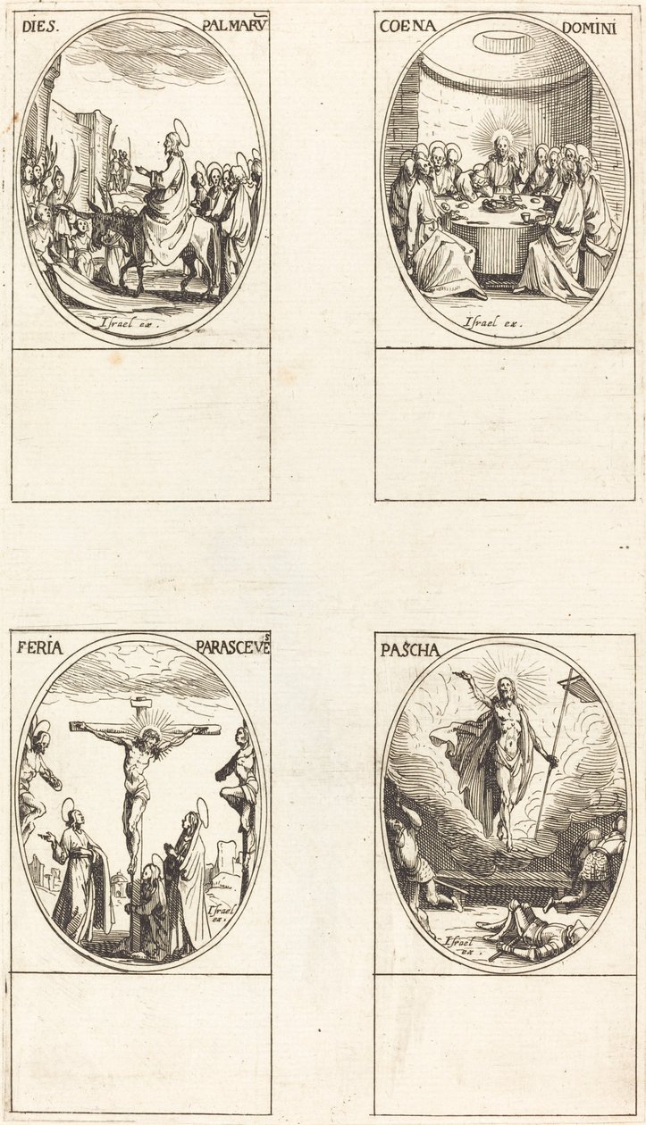 Innreise til Jerusalem; Siste måltid; Korsfestelse; oppstandelse av Jacques Callot