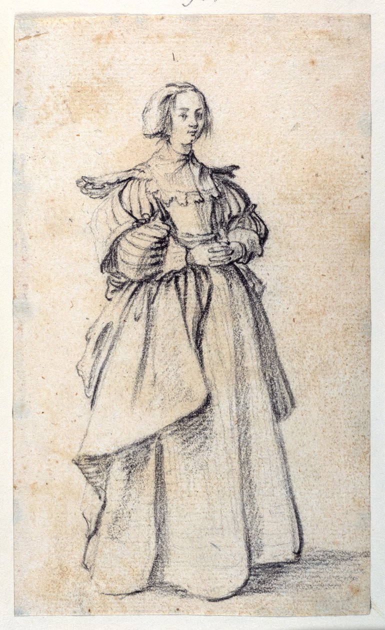 Kvinnefigur (svart kritt på papir) av Jacques Callot