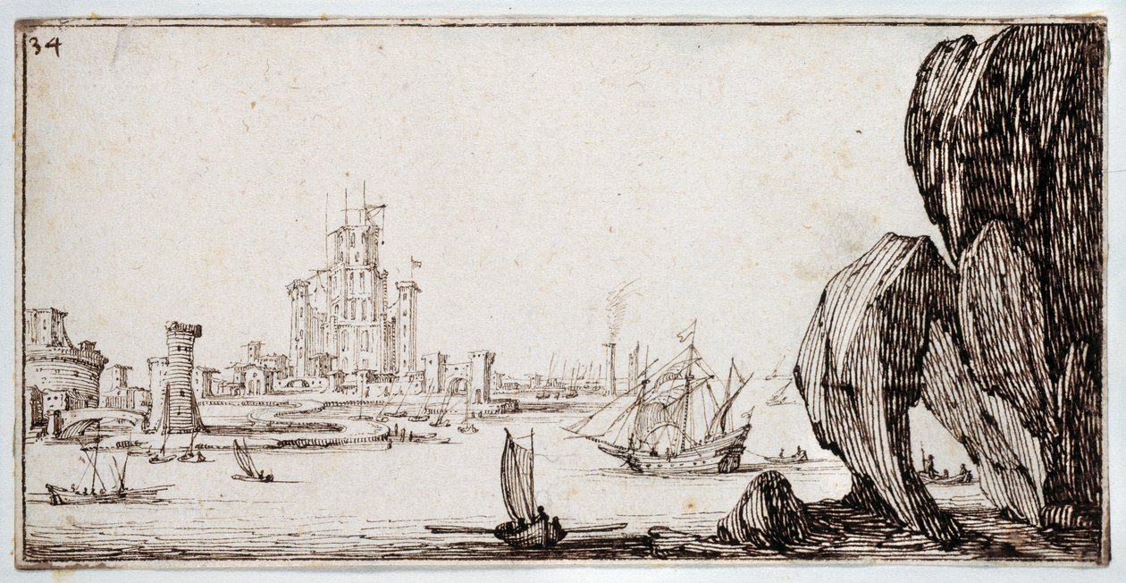 Harbor (penn og brunt blekk på papir) av Jacques Callot