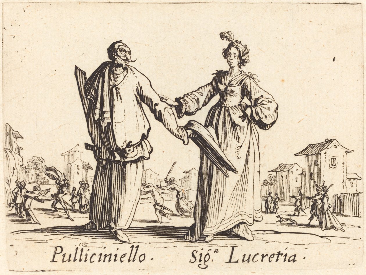 Pulliciniello og Siga. Lucretia av Jacques Callot