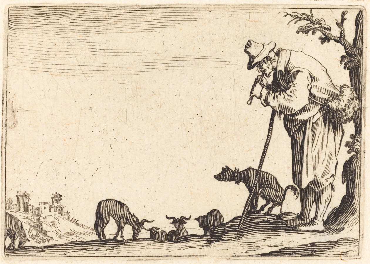 Hyrde som spiller fløyte av Jacques Callot
