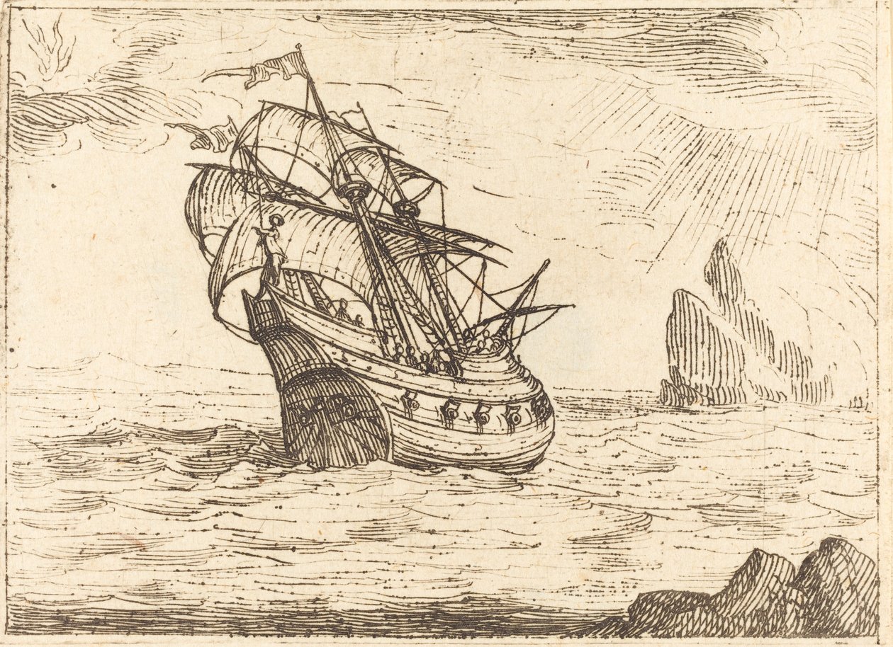 Skip som navigerer i nærheten av steiner. av Jacques Callot