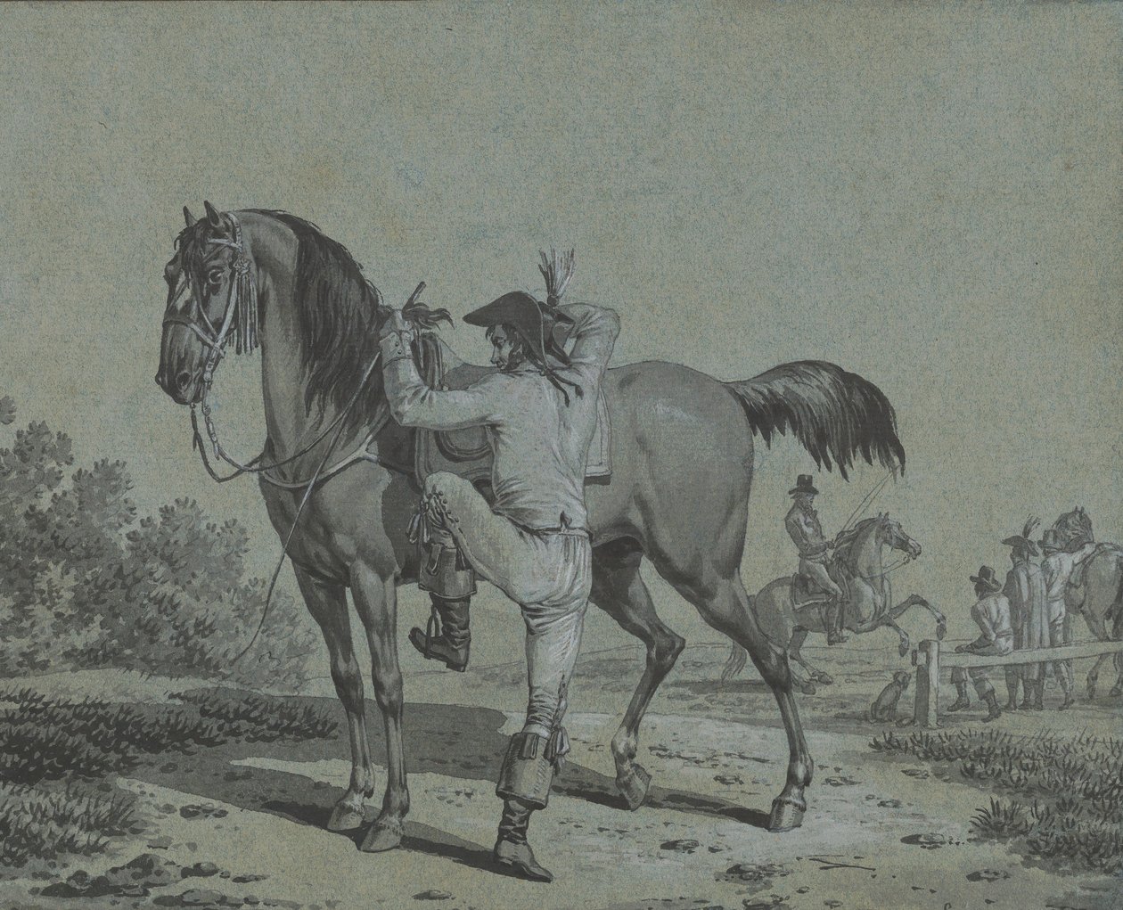 Mann som setter opp en hest, . av Jacques Francois Joseph Swebach