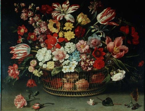 En kurv med blomster (olje på lerret) av Jacques Linard