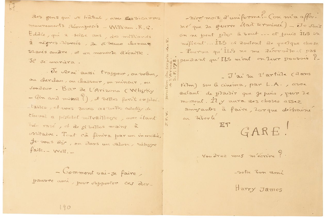 Autograf krigsbrev av Jacques Vache