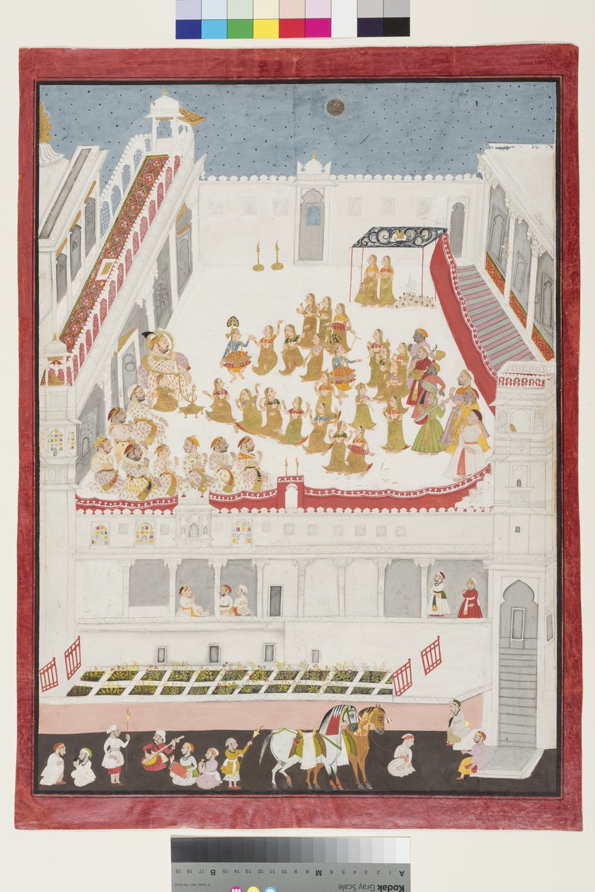Historien om Krishna fremført før Maharana Jagat Singh II, 1736 (ugjennomsiktig wc og gull på papir) av Jai Ram