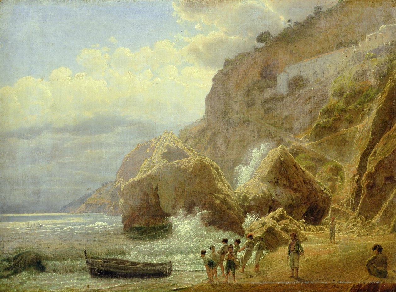 Italiensk kystlandskap, 1844 (olje på papir lagt ned på lerret) av Jakob Alt