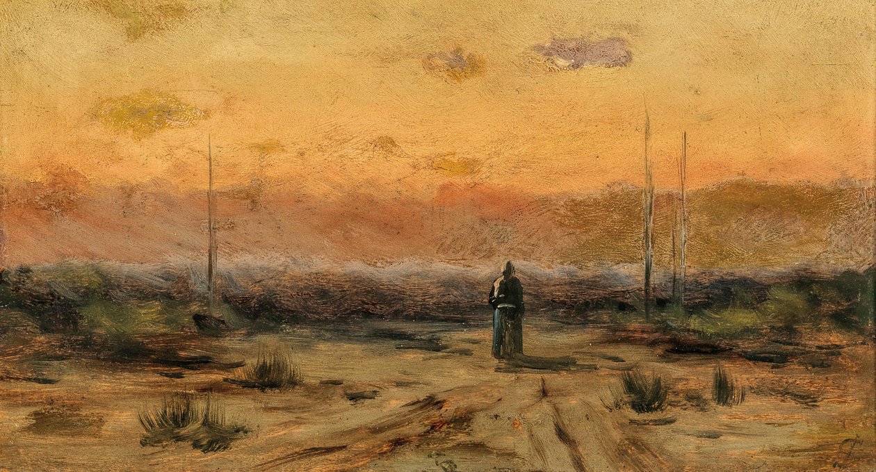 Kvinne på kysten ved soloppgang. av Jakub Schikaneder