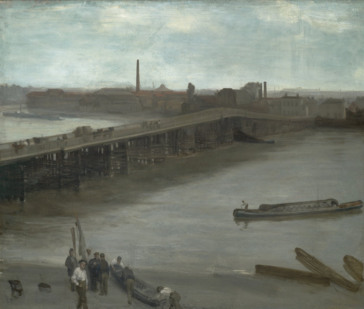 Brun og sølv: Old Battersea Bridge, 1859-1863 (olje på lerret montert på masonitt) av James Abbott McNeill Whistler