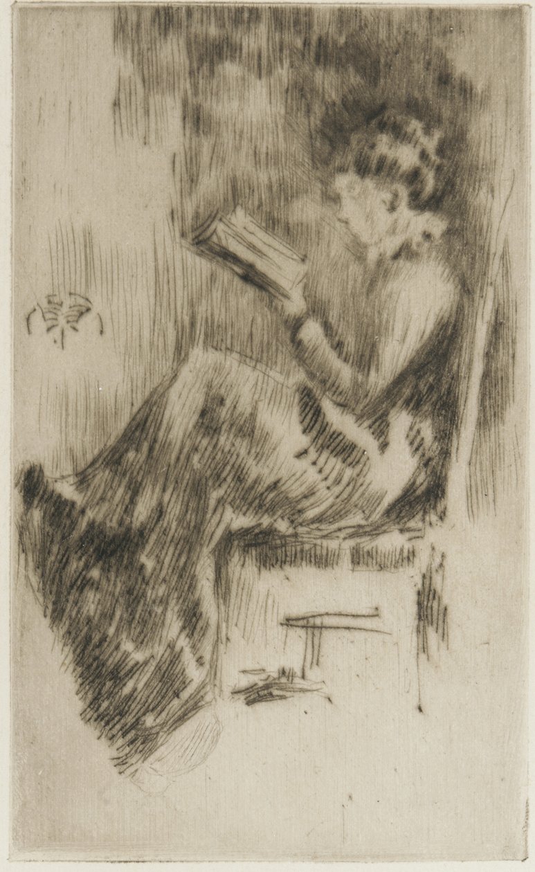 Reading a Book (muligens Lizzie Dawson) ca. 1873 (tørrpunkt på papir) av James Abbott McNeill Whistler