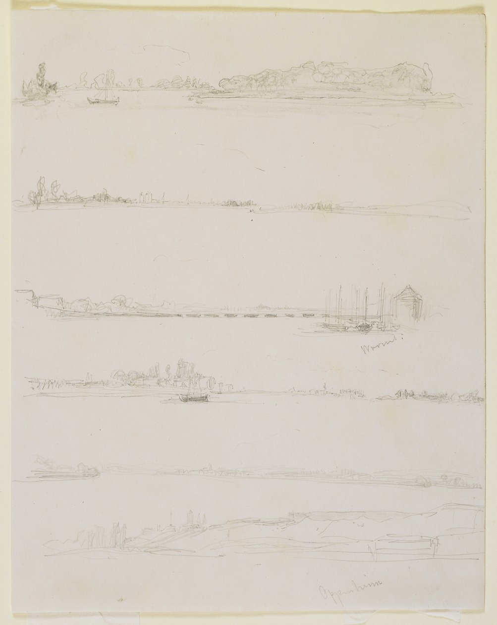 Rhinen, nær Worms og Oppeheim, 1858 (blyant på off-white vevd papir) av James Abbott McNeill Whistler