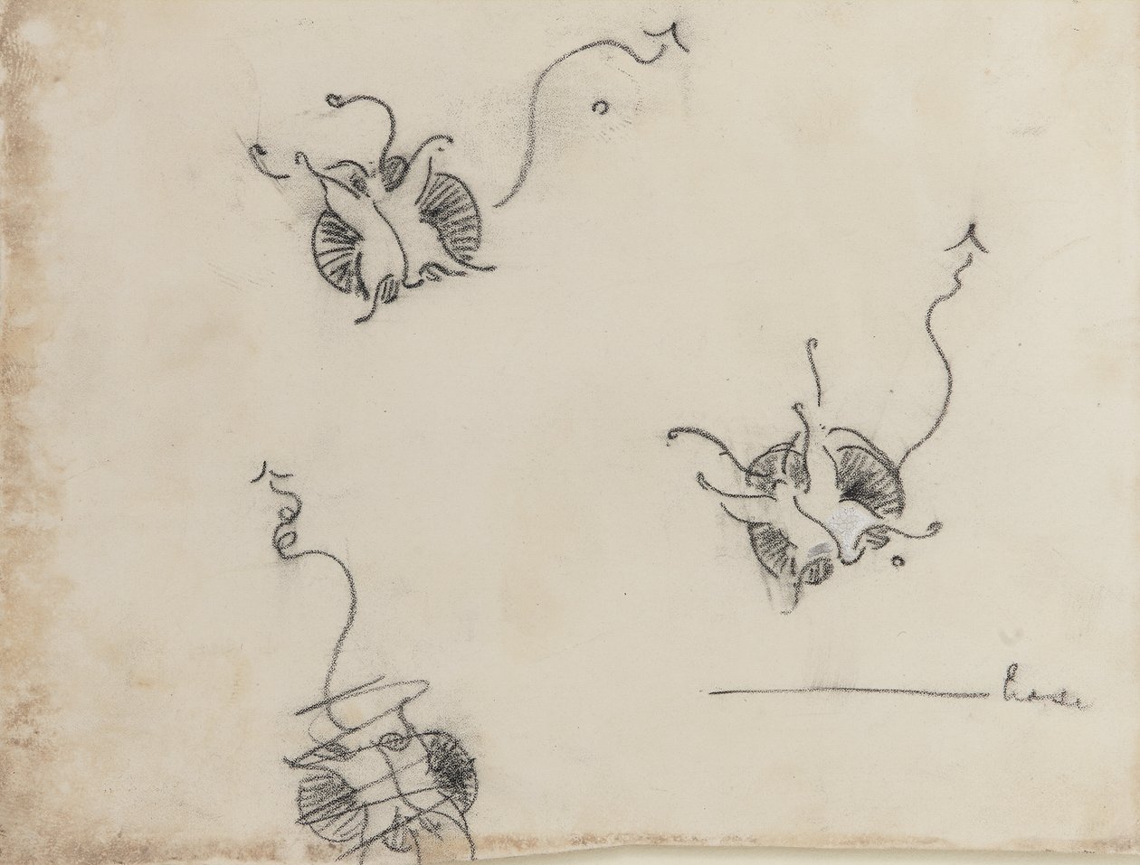 Three Whistler Butterflies og en ødelagt skisse, ca. 1890 (fargestift og kinesisk hvit på litografisk overføringspapir) av James Abbott McNeill Whistler
