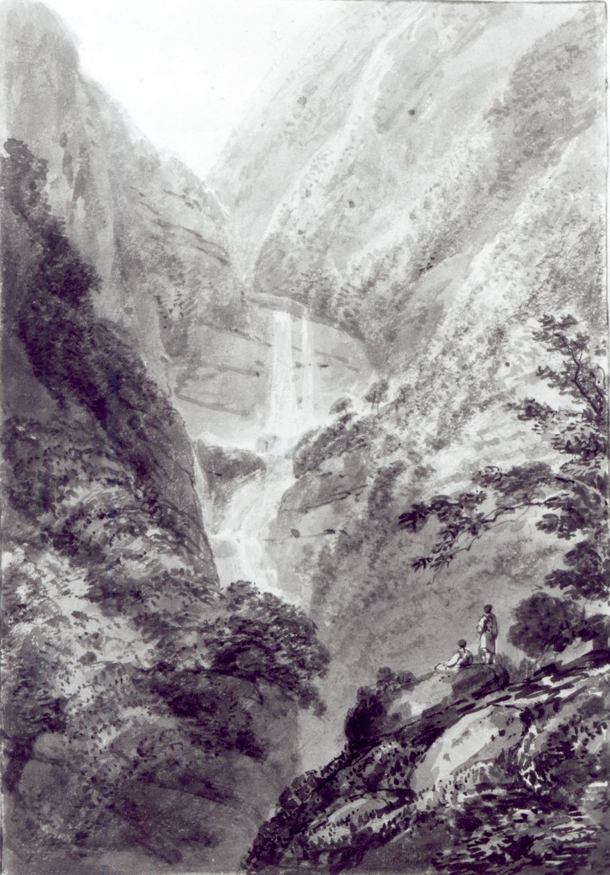 The Cascade of Minzapeezo, akvarell av Samuel Davies etter en gravering, ca. 1800 av James Basire