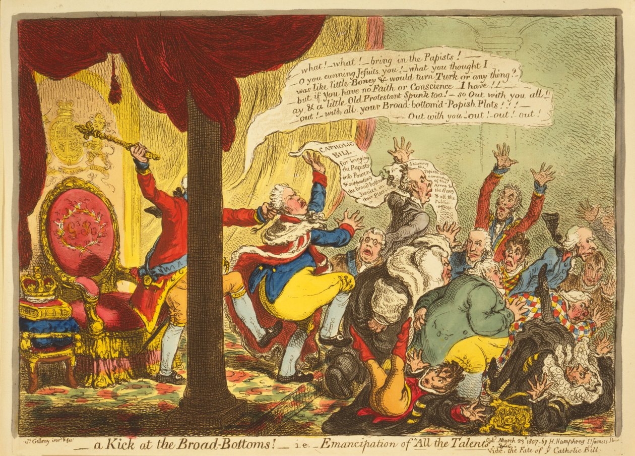 A Kick at the Broad Bottoms, dvs. Emancipation of all the Talents, pub. 1807 (håndfarget gravering) av James Gillray