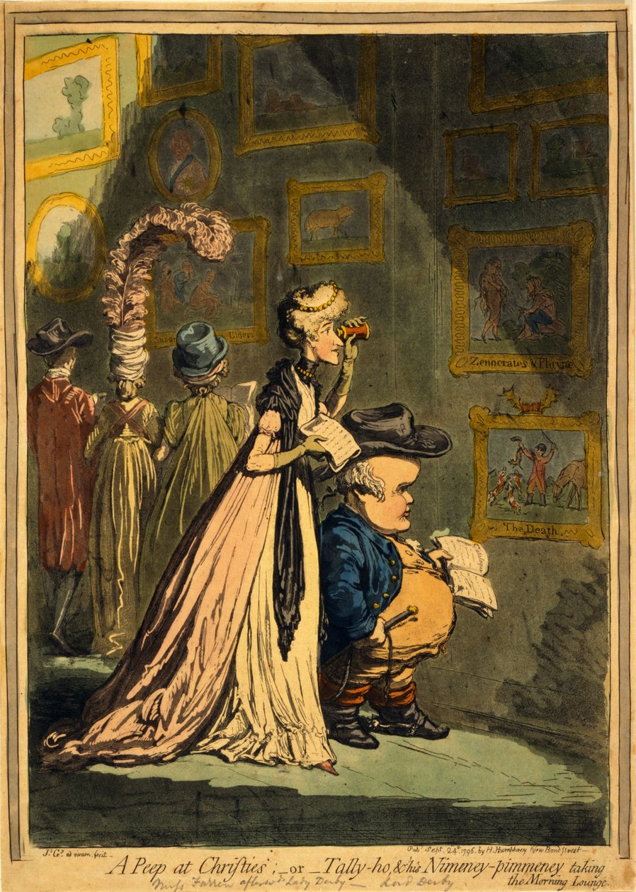 En titt på Christies, eller Tally-ho og hans Nimeney-Pimmeney tar Morning Lounge, pub. 1796 (håndfarget gravering) av James Gillray