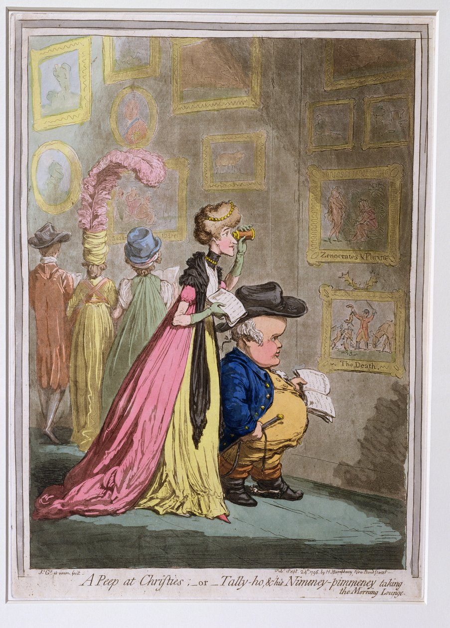 A Peep at Christies, eller Tally-ho, and his Nimeney-pimmeney Taking the Morning Lounge, utgitt av Hannah Humphrey i 1796 (etsing, gravering, aquatint og wc på papir) av James Gillray