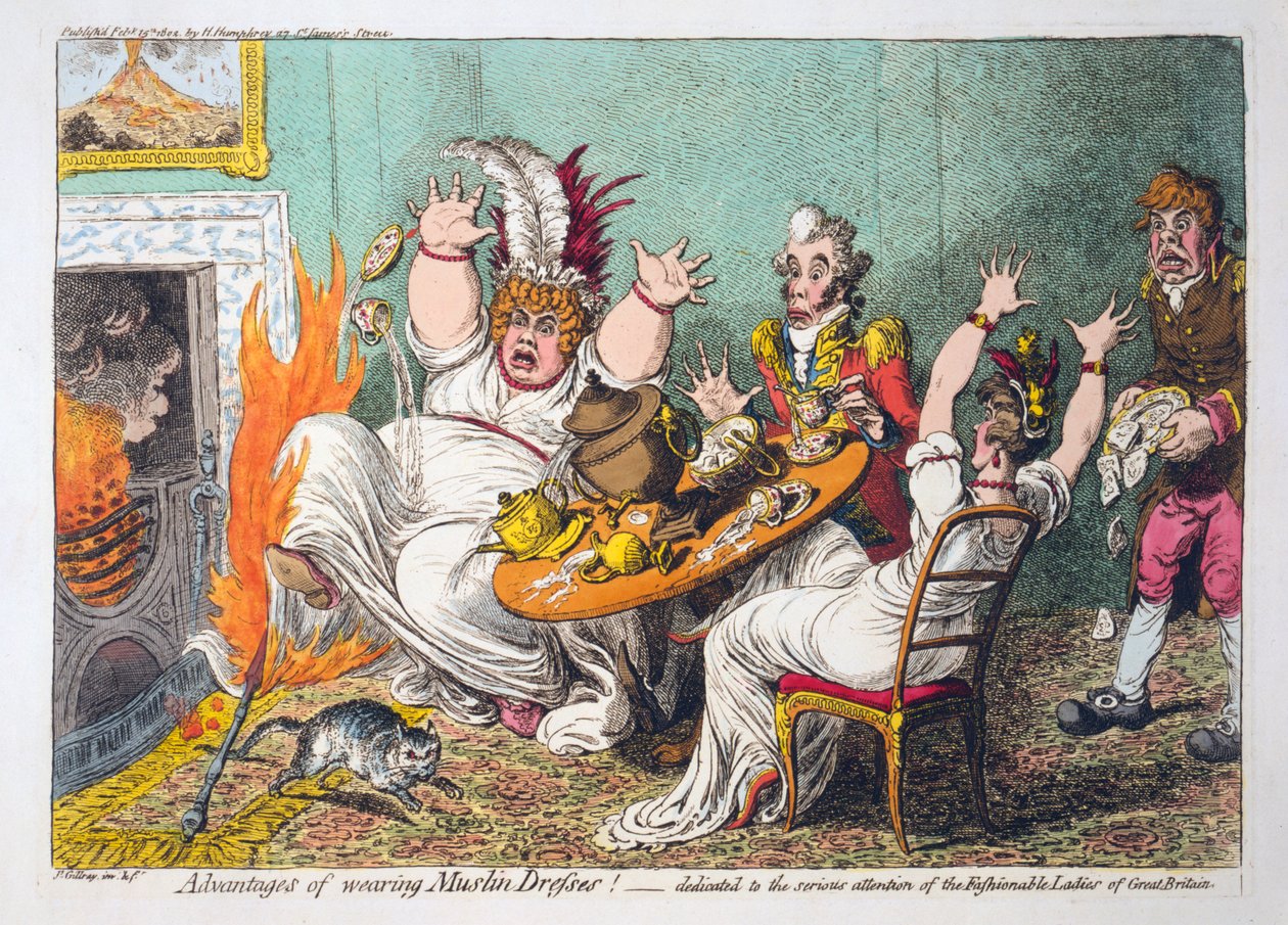 Fordeler med å bruke muslinkjoler! dedikert til den seriøse oppmerksomheten til de fasjonable damene i Storbritannia, pub. 1802 (håndfarget gravering) av James Gillray