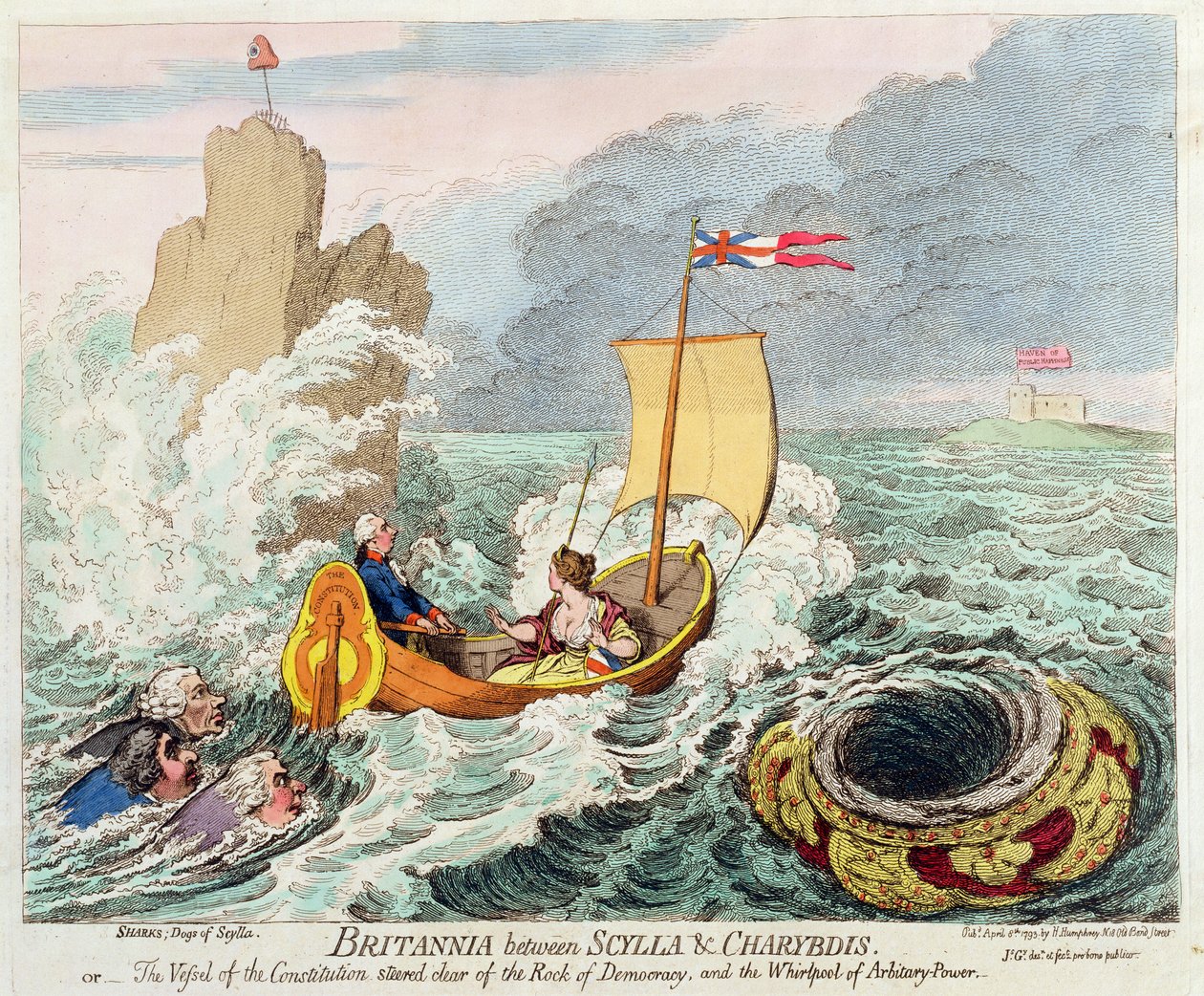 Britannia Between Scylla und Charybdis, eller The Vessel of Constitution styrt unna Rock of Democracy and the Whirlpool of Arbitrary Power, utgitt av Hannah Humphrey i 1793 (håndfarget osv. av James Gillray