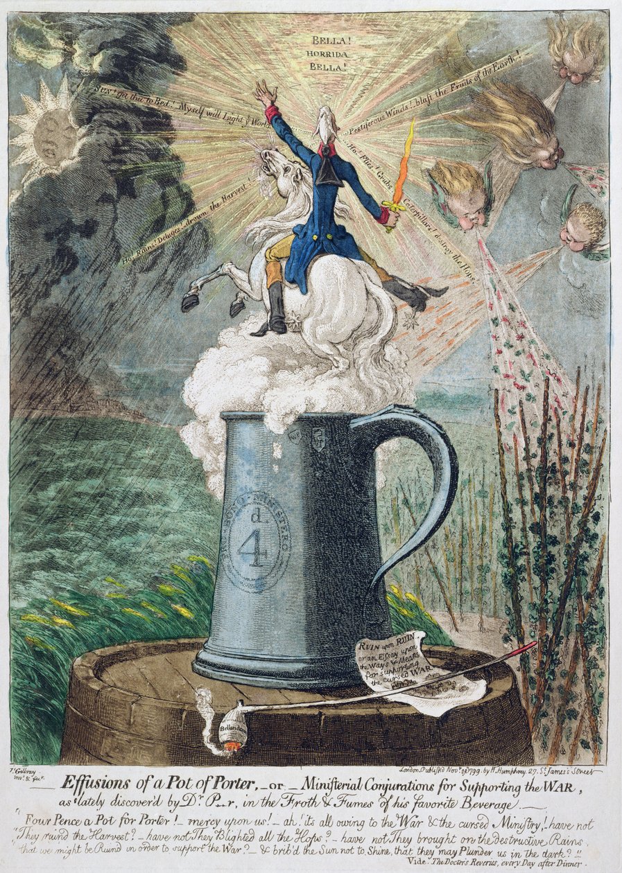 Effusions of a Pot of Porter, or Ministerial Conjurations for Supporting the War, utgitt av Hannah Humphrey i 1799 (håndfarget etsning) av James Gillray