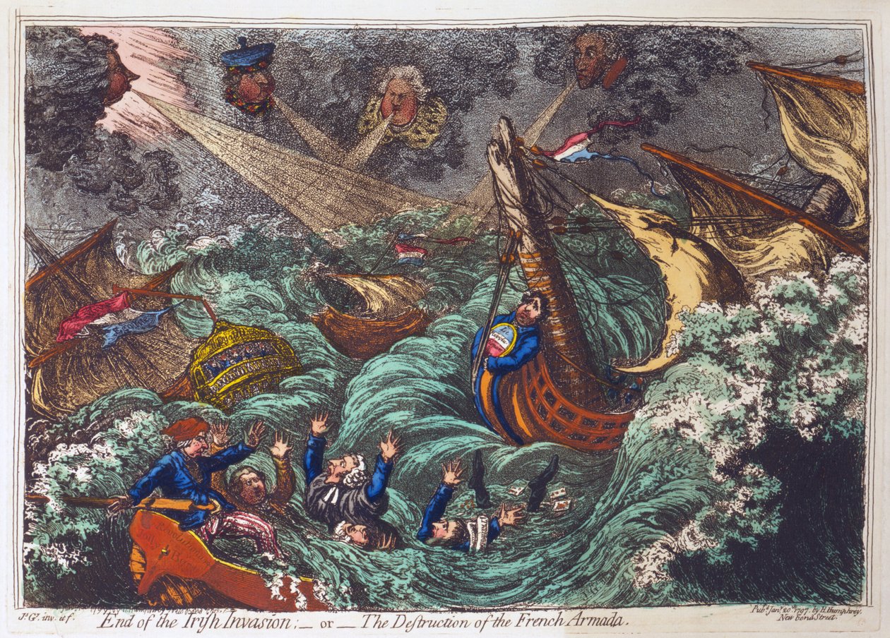 Slutten på den irske invasjonen eller ødeleggelsen av den franske armadaen, pub. Hannah Humphrey, 20. januar 1797 (håndfarget gravering) av James Gillray