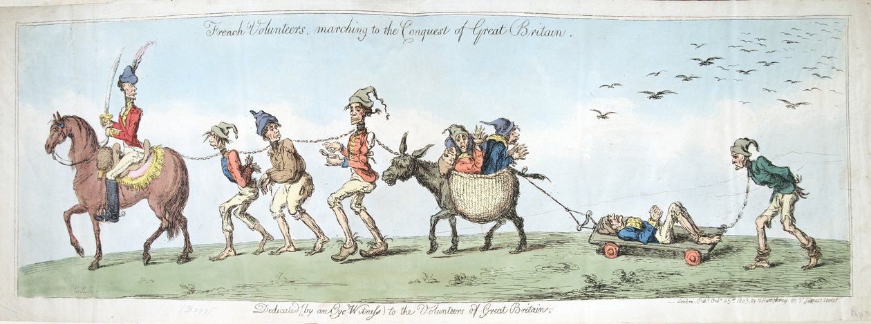 French Volunteers, marsjerende til erobringen av Storbritannia, utgitt av Hannah Humphrey i 1799 (håndfarget etsning) av James Gillray