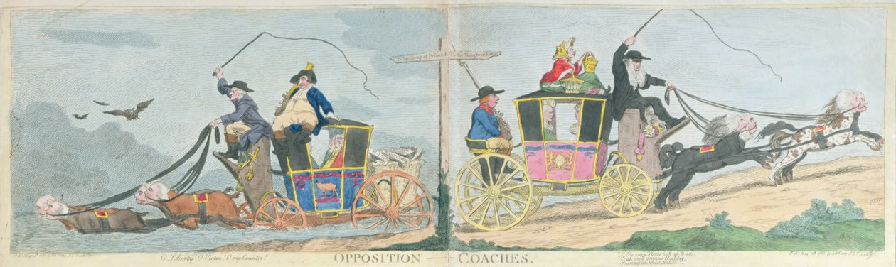Opposition Coaches, utgitt av S.W. Fores i 1788 (håndfarget etsning) av James Gillray