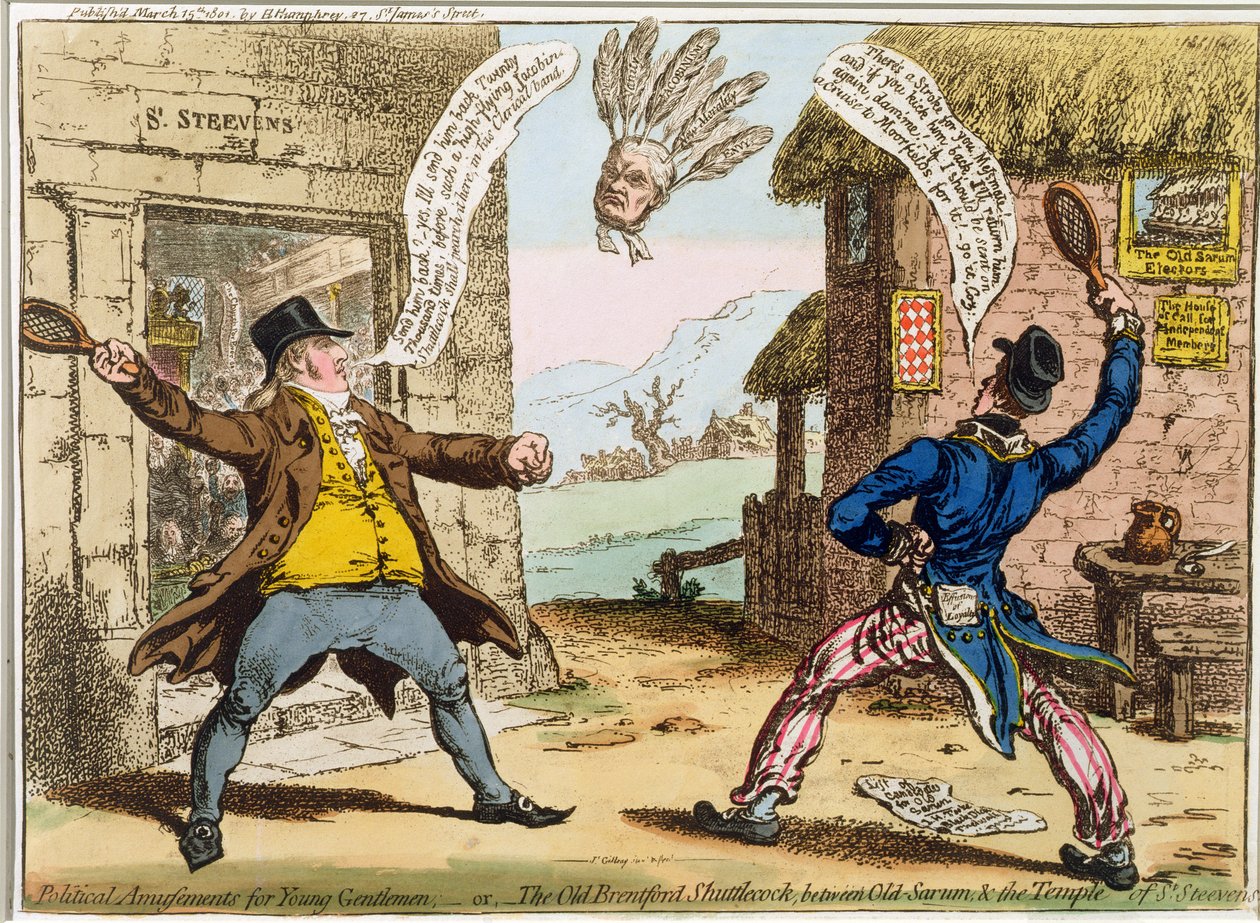 Politiske fornøyelser for unge herrer, eller The Old Brentford Shuttlecock, between Old Sarum og Temple of St. Steevens, utgitt av Hannah Humphrey i 1801 (håndfarget etsning) av James Gillray