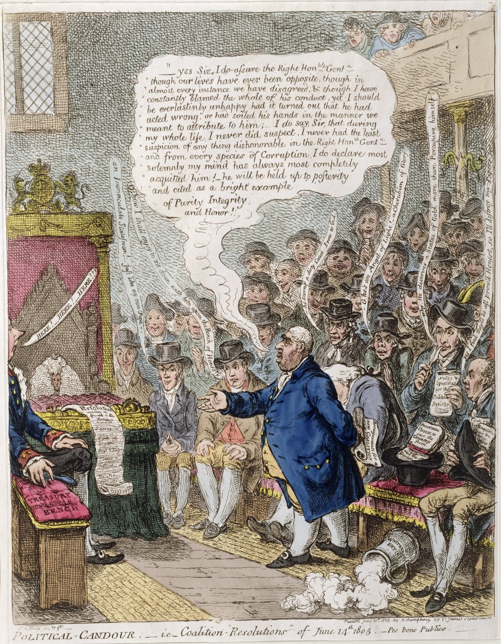 Politisk åpenhet, dvs. koalisjonsresolusjoner av 14. juni 1805. Pro Bono Publico, utgitt av Hannah Humphrey i 1805 (håndfarget etsning) av James Gillray