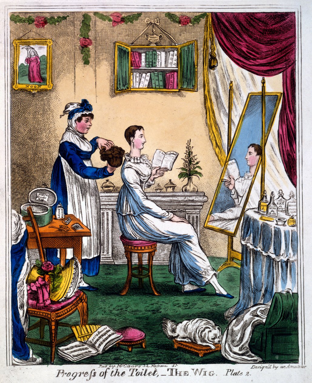 Progress of the Toilet - The Wig, tidlig C19th (håndfarget gravering) av James Gillray
