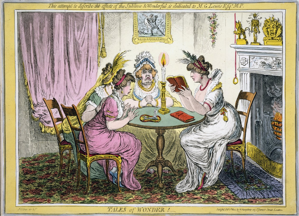 Fortellinger om vidunder! Dette forsøket på å beskrive effektene av Sublime and Wonderful er dedikert til MG Lewis Esq MP, pub. H Humprey, London, 1802 (håndfarget gravering) av James Gillray