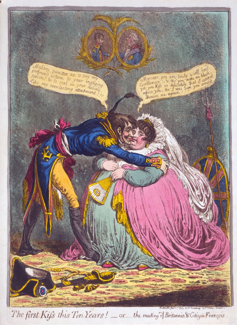 Det første kysset på ti år! Eller møtet til Britannia und Citizen Francois, pub. 1803 (håndfarget gravering) av James Gillray