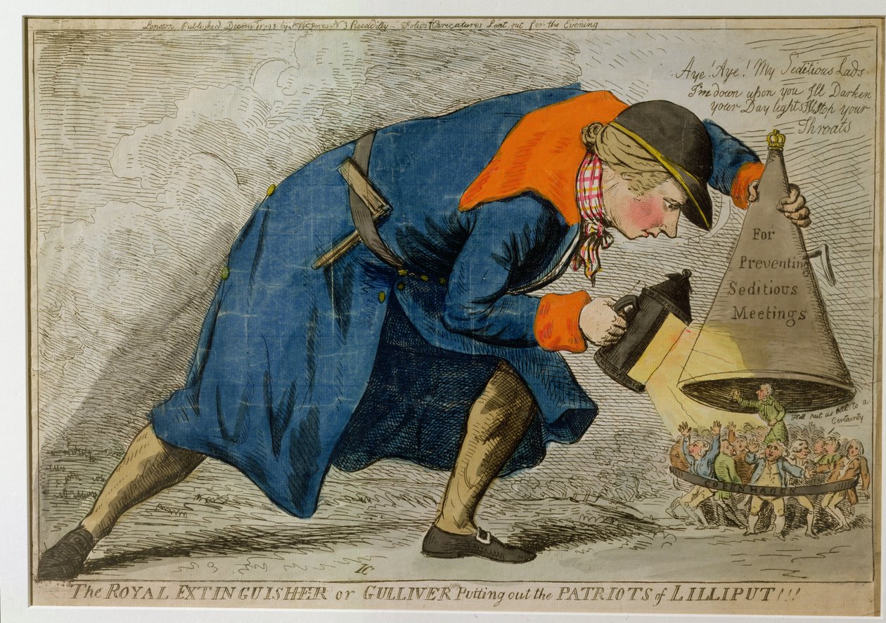 The Royal Extinguisher, eller Gulliver Putting Out the Patriots of Lilliput, utgitt av S.W. Branner i 1795 (håndfarget etsning) av James Gillray