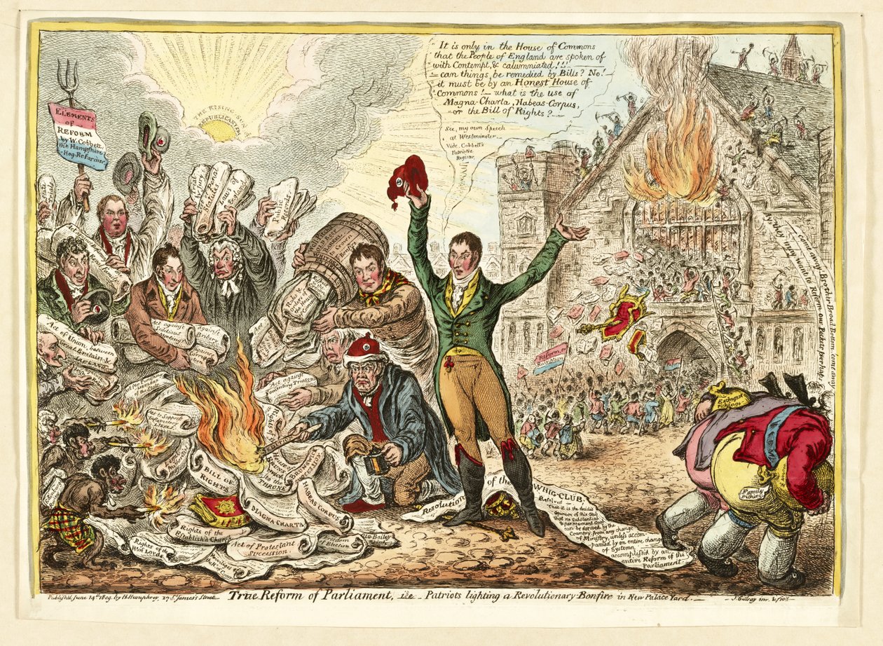 Sann reform av parlamentet, dvs. patrioter som fyrer opp et revolusjonerende bål i New Palace Yard, pub. Hannah Humphrey, 1809 (håndfarget gravering) av James Gillray