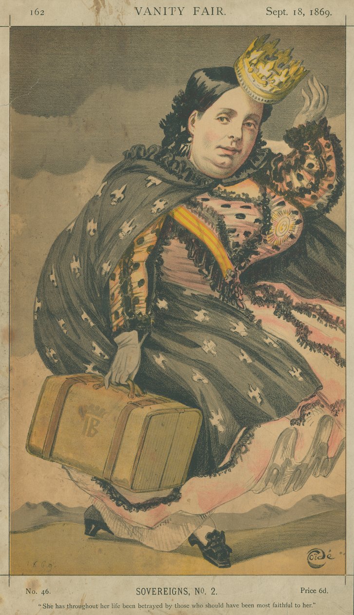 Isabella II, dronning av Spania, hun har gjennom hele livet blitt forrådt av de som burde vært mest trofast mot henne, 18. september 1869, Vanity Fair tegneserie av James Jacques Joseph Tissot